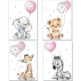 artpin® Poster Kinderzimmer Deko - Bilder Babyzimmer für Mädchen - Safari Dschungel Tierposter Grau Rosa Luftballon P64