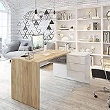 Dmora - Schreibtisch Greensboro, Wendeschreibtisch mit Kommode, Eckstudie oder Büro-PC-Tisch, cm 145x108h73, Eiche und Weiß