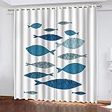 DANLIM Verdunkelungsvorhang Kinderzimmer Junge Mädchen Blickdichter Ösenvorhang 200X214cm(BxH) 3D Digitaldruck Abstrakter Blauer Fisch Ösenschal 2Er Set, Vorhänge Schlafzimmer Thermo Gardinen