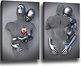 chongjian Liebe Herz 3D Grau Leinwand Wandkunst Moderne Gemälde 3d Abstrakt Umarmung Wanddekoration Schwarz und Weiß Metallfigur Skulptur Effekt Bild Wohnzimmer Dekoration Ohne Rahmen (Rot, 16x24in)