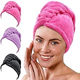 Gräfenstayn 3er-Set Haarturban Coralfleece mit 2 Knöpfen - Turban Handtuch schnelltrocknend & saugstark - Haar-Handtuch Kurze & Lange Haare, Knopf Kopfhandtuch Mikrofaser (Anthrazit/Fuchsia/Lila)