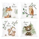 Bonhause 4er Set Kissenbezüge Waldtiere 45 x 45 cm Fuchs Bär Eichhörnchen Eule Samt Soft Dekorative Kissenhülle Zierkissenbezüge für Kinder Babyzimmer Dekoration