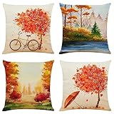 Herbstszenerie wasserdichte Kissenbezugen,4 Stück 55x55cm Dekorative Outdoor Kissen Wasserfest Atmungsaktiv Doppelseitige Quadratische Leinen Kissenbezüge für Garten Bauernhaus Wohnzimmer Schlafzimmer
