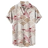 Xmiral Lässiges lockeres Herren-Reversdruck-Kurzarm-Manschetten-Knopf-Port-Stil-Blumenhemd-Sand-Strand-Hawaiianer-Sommeroberteil Herren Viskose Hemd (D-Khaki,D-Khaki)