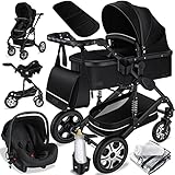 KESSER® Loops 3 in 1 Kinderwagen Kombikinderwagen komplettset incl. Babywanne & Buggy Sportsitz & Auto-Babyschale - Voll-Gummireifen - Wickeltasche/Regenschutz/Kindertisch Set, Schwarz/Schwarz