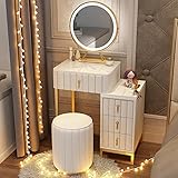 EnixWh Schminktisch-Set mit LED-beleuchtetem Spiegel, Seitenschrank und 5 Schubladen, moderner Schminktisch mit Hocker, eleganter Schminktisch im ästhetischen Stil, für Schlafzimmer (Farbe: Bianco,