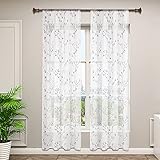 WOLTU VH6055gr-2, 2er Set Gardinen transparent Blumen Stickerei mit Kräuselband Leinen Optik, Doppelpack Vorhang Stores Voile Fensterschal Dekoschal für Wohnzimmer Schlafzimmer, 140x175 cm, Grau