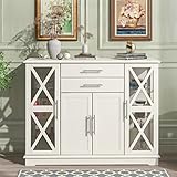 Funktionelles Sideboard mit gehärtetem Glas, großer Stauraum, verstellbares Regal-Buffet (weiß/schwarz) (Farbe: A-Größe: wie abgebildet)