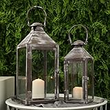 JHY DESIGN 2er-Set Vintage Kerzen Laterne 34&44.5cm High Dekorative Hängen Laterne Metall Kerzenhalter Outdoor Windlicht für Wohnzimmer Party Hochzeit Balkon Garten Indoor Geschenke Flur(Grau Pinsel)…