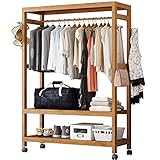 Kleiderstangen, Kleiderständer mit Rollen, robuster Garderobenständer aus Bambus mit doppelten Lagerregalen und Haken, zum Organisieren von Kleidung und Schuhen, maximale Belastung 90 kg, 100 x 35 x 1