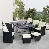 Ribelli Gartenmöbel Set 11-Teilig, Balkonmöbel aus Polyrattan, Wetterfest Sitzgruppe, Sitzgarnitur mit Sofa, Esstisch, Outdoor Kissen, Hocker, Stapelbar, für Rasen, Terrasse, Balkon, Garten, Schwarz