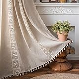 Sedefen Boho Beige Vorhänge Landhausstil Baumwolle Leinen Gardinen Stickerei Halbtransparente Spitze Leinenoptik Gardinen mit Quaste Verdunkelungvorhang Wohnzimmer Schlafzimmer,(B)150x200cm(H),2er set
