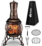 tillvex Terrassenofen mit Funkenschutz und XXL Zubehör | Gartenkamin mit Grillfunktion | Feuerstelle Antik Gartenofen mit Abdeckung BBQ Grillrost Schürhaken Grillzange Bürste (Bronze, 90)