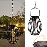 LUCOZA Solarlaterne für Außen Hängend, Wasserdichte Solarlampe aus Metall mit LED Edison Birne und Henkel, Dekorative Ovale Gartenleuchte, Groß Solarleuchte für Garten Balkon Terrasse Outdoor, Schwarz