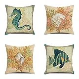 Outdoor Wasserdicht Kissenbezug 40x40cm 4er Set Sofakissen Fisch Dekokissen Doppelseitig Dunkelgrün Kissenbezüge Sofa Cover Weich Kissenhülle für Garten Auto Wohnzimmer Bett Zierkissen F-2568