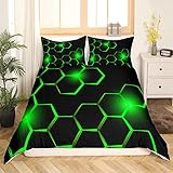 Loussiesd Honeycomb Drucken Bettwäsche Set Geometrische Bettwäsche Jugendliche Jungen Kinder Schlafzimmer Dekor Bienenstock Geometrische Schwarz Grün Bettbezug 135x200 Modern Cool