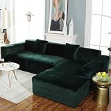 Samt Sofabezug Stretch Stoff Sofa üBerzug MöBelschutz Couchbezug L Form Chaise Longue Kombination Rutschfester Couch üBerzug FüR Kratzer Von Hunden Und Katzen(ＡＡ（160-210cm）+BB（210-280cm）,Green)