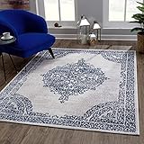 SANAT Evra Teppich für das Wohnzimmer - Kurzflorteppich mit traditionellem Design - geeignet für Wohnzimmer, Flure, Korridore, Esszimmer, Schlafzimmer und Küche - Grau Blau, 200 x 280 cm