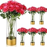 Zubebe 6 Stück goldene Vasen, klares Glas, zylinderförmige Vasen, Set, Blumenvase mit goldener Wabenstruktur, Metallbasis, hohe Vasen, Bulk für Tischdekoration, Einweihungsgeschenk, 11.9x30 cm