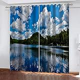 GSKOQD Gardinen Kinderzimmer Blickdicht - 2 Stück 264X240Cm (B X H) 3D Digitaldruck Blauer Himmel, Weiße Wolken, Seeblick Vorhang Verdunklungsvorhänge Schlafzimmer Wohnzimmer Ösenschal Kinder Therm