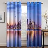 Blickdichte Gardinen Wohnzimmer 2Er Set Ösenvorhang Für Schlafzimmer Kinderzimmer Küchengardinen Modern 260X280cm (HxB) 3D Stadt Spiegelt Sich Im Wasser Wider Muster Thermo Vorhänge Verdunkelung