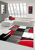 Designer Teppich Moderner Teppich Wohnzimmer Teppich Kurzflor Teppich mit Konturenschnitt Karo Muster Rot Grau Weiß Schwarz Größe 60x110 cm