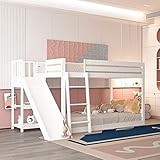 Moimhear Kinderbett 90x200cm Mit Lattenrost, Rutsche und Regal, Etagenbett aus Kiefernholz mit Leiter und Rausfallschutz Bettgestell (Weiß)