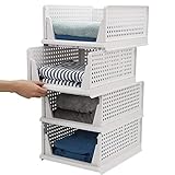 Esyhomi Kleiderschrank Organizer Regal,Stapelbare Aufbewahrungsboxen, Garderobe Schrank Organizer,Badezimmer Aufbewahrungskorb Stapelbar für Küche,Schlafzimmer (Weiß, 4-teiliges Set)