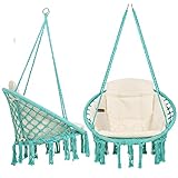 VITA5 Makramee Hängesessel Indoor - Bequemer Boho Hängestuhl für Garten & Balkon - Hängeschaukel mit weichem Kissen - Hänge Sessel Outdoor mit Wetterfeste Abdeckung (Türkis)