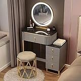 BUJOG Kleine Schminktisch-Sets mit LED-Spiegel und Schubladen, 3-Farben-Touchscreen-Dimmspiegel, Schminktisch mit Aufbewahrungsschrank und Hocker, moderner minimalistischer Schminktisch (Farbe: Gr