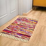 RAJRANG BRINGING RAJASTHAN TO YOU Chindi Patchwork Teppich 50x80 cm Recyceltes Gewebter indischer Teppich Mehrfarbiger StreifenTeppich