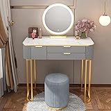 BUJOG 80/100 cm Schminktisch-Set mit LED-beleuchtetem Spiegel, Hocker und 3 Schubladen, Schmuck-Organizer, Schminkkommode, Schlafzimmermöbel