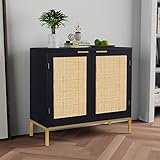 Anmytek Schwarzer Rattan-Schrank mit Stauraum, Sideboard-Aufbewahrungsschrank mit 2 Rattan-dekorierten Türen, festes Regal, großer Raum, Holzschrank für Wohnzimmer, Eingangsbereich, Flur, Esszimmer