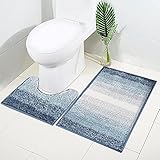 McEu Badematten Set 2 Teilig, rutschfest Waschbar Badteppich 80x50cm und U-förmige Kontur WC Teppich 50x50cm, Mikrofaser Chenille Saugfähig Badvorleger für Badezimmer, Blau