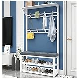 Schuhbank, Garderobenständer, Kleiderbügel, Garderobenständer, Eingangsgarderobe, Bank, moderner Flurbaum mit Ablageflächen, Holz- und Metall-Flurbank mit Garderobenständer, 8 Haken für Klei