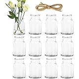 Glovios Mini Vase Set 12 Stück Kleine Glasvasen Tischdeko 10,3cm hoch für Hochzeit deko Tisch trockenblumen deko vase Inklusive Juteschnur Vintage Runde kleine Glasfläschchen Spülmaschinenfest