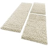 Paco Home Bettumrandung Läufer Shaggy Hochflor Langflor Teppich in Creme Läuferset 3 TLG, Grösse:2mal 60x100 1mal 70x250