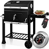 KESSER® Grill Grillwagen XXL Holzkohlegrill mit Deckel, Rädern, Edelstahl-Griff, Grillrost und Thermometer Holzkohle kohlegrill wagen groß Kohle BBQ Camping, Terrasse, Garten (Schwarz/Silber)