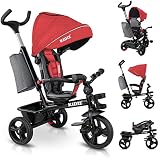 KIDIZ® Dreirad 5in1 Kinderdreirad mit Schubstange Lenksystem Stange ab 1 Jahr vorwärts und Rückwärtsfahrt Jogger, Korb Tasche Getränkehalter Sonnendach Gummiräder, Buggy Fahrrad Baby Klappbar Rot