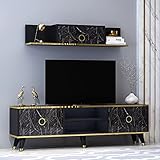 Homidea Sophia Wohnwand – Wohnzimmer TV Set – TV Schrank – TV Lowboard – Fernsehtisch - TV Möbel mit 2 Türen und Wandregal in glänzendem Design (Schwarz)