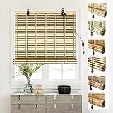 PHUSTJKL Bambus Rollo Lichtdurchlässig Raffrollo Sonnenschutz Sichtschutz Seitenzugrollo Ohne Bohren Bambusrollo mit Heber, für Innenhaus,Büro,Küche (B110xH160cm)-Beige, Braun