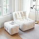 NEOALG Indoor Sitzsack Für Kinder & Erwachsene, Bean Bag Mit EPP-Perlen Füllung Weiches Kaninchen-Fleece-Imitat Relaxliege Sessel Sofa Bodenkissen Mit Lehne Und Hocker Beige