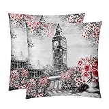 IUBBKI 2 Stück Dekokissenbezüge, dekorativer quadratischer Kissenbezug, weicher Vintage-Eiffelturm, Big Ben, Rosenblumen-Kissenbezug für Sofa, Schlafzimmer, Stuhl, Auto