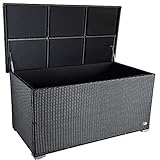 RS Trade® exclusive 'Venezia' 950 L Polyrattan Garten Kissenbox wetterfest (wasserdicht) 146 x 83 x 80 cm, Auflagenbox mit verstärktem Deckel und Gasdruckfedern, auch als Tischplatte geeignet, Schwarz