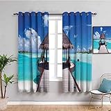 SPADEACES Vorhänge Blickdicht 3D Sky Beach Hut Druck Verdunkelungsvorhang, Thermogardine Mit Ösen Für Wohnzimmer Schlafzimmer Kinderzimmer Fensterdekoration Ösenschal 2Er Set 336X230Cm (BxH)