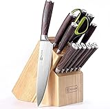 PAUDIN Messerblock Messerset, 14-teiliges Küchenmesser-Set aus hochwertigem deutschem Edelstahl mit Holzblock, Wetzstahl und Schere, scharfe Kochmesser mit Messerhalter