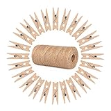 ewtshop® 100 x Mini-Holz-Klammern + 100 Meter Juteschnur, Wäscheklammern, Mini Holzklammern, Deko Klammern, Zierklammern, Größe: ca. 3,5 cm