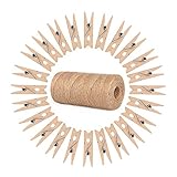 ewtshop® 100 x Mini-Holz-Klammern + 100 Meter Juteschnur, Wäscheklammern, Mini Holzklammern, Deko Klammern, Zierklammern, Größe: ca. 3,5 cm