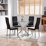 SICOTAS Esstisch-Set mit 4 Stühlen, Esszimmer-Set, Couchtisch mit 3 Metallbeinen und Freischwinger Stühlen aus Polyurethan, schwarz, modern, für Esszimmer, Küche, Wohnzimmer, Büro