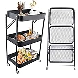 Küchenwagen Servierwagen Badregal Organizer Regal auf Rädern Rollwagen Küchenregal klappbar Allzweckwagen für Küche Badezimmer Bad und Büro mit 3 Ebenen (Schwarz)